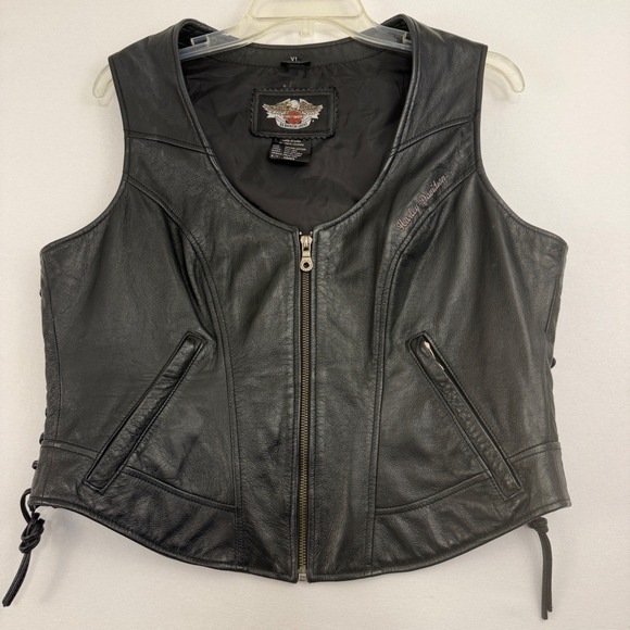 Harley Davidson Womens Black Leather Motorcycle Vest XL Eagle Logo Laced Sides‎ - Picture 5 of 14